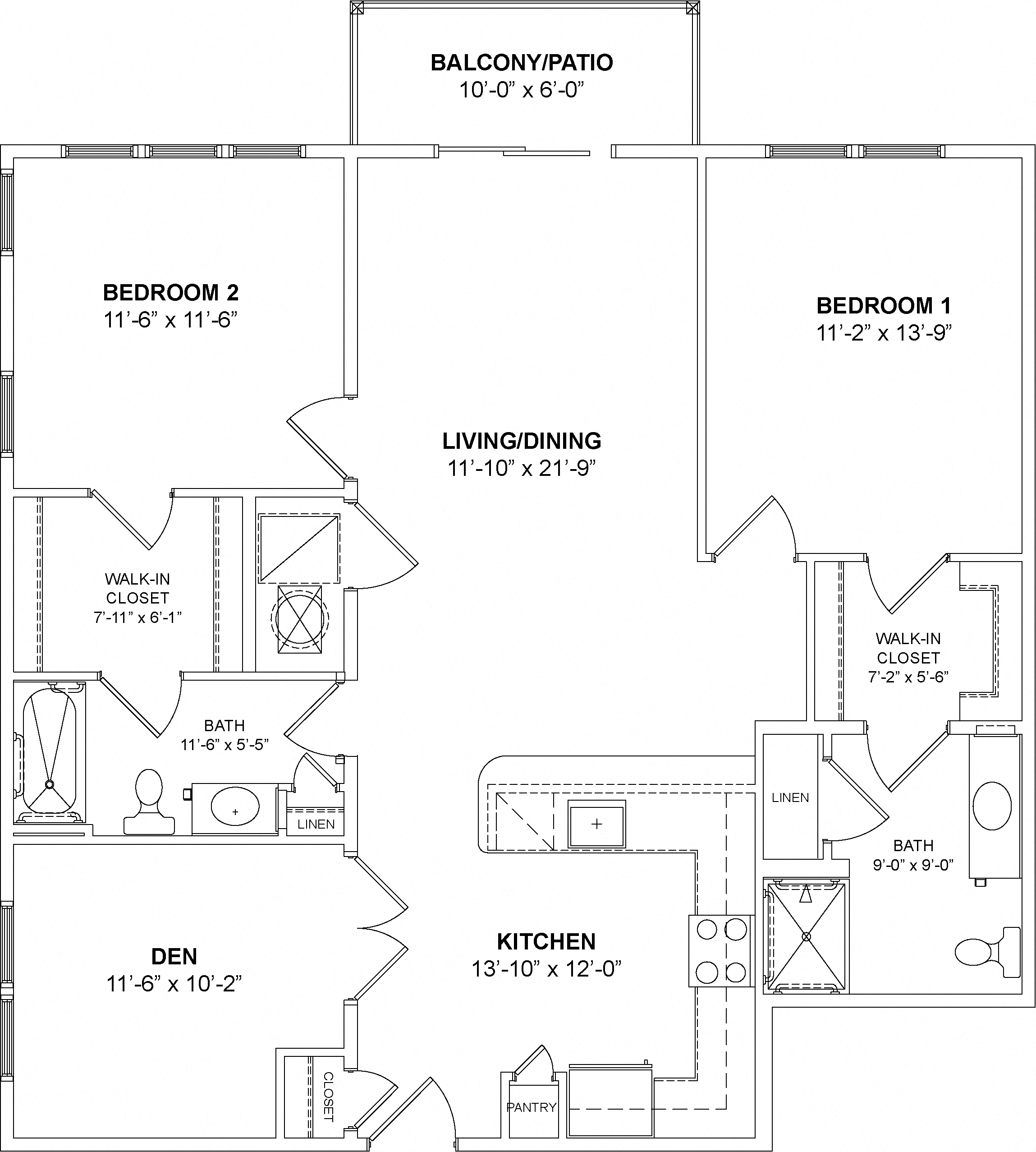Floor plan for 2 beds, 2 baths, 1284 sqft